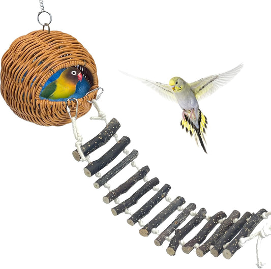 VCEPJH Rattan Bird Nest Hut with Ladder Hanging Bird House for Cage Parakeet Breeding Nest Paly Ground Hideaway for Budgies Conure Finch Cockatiel Parrot Lovebird