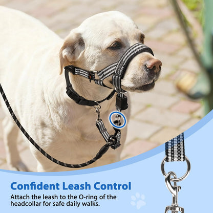 BARKLESS No Pull Dog Head Collar for Gentle Training Walking, Soft Padded Head Halter with Collar Safety Clip, Comfortable Fit Muzzle Leash with Reflective Strap for Medium Large Dog (Grey, XL)