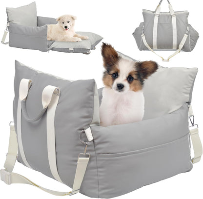 Leather Dog Car Seat for Small Dogs, Dog Booster Seat with Storage Pocket and Clip-On Safety Leash, Water/Scratch Resistant Both Indoor and Outdoor Use