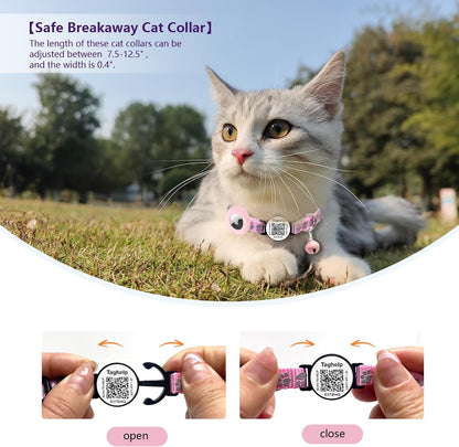 2PCS Breakaway Cat Collars with Bell Cute Star &Moon Safe Kitten Collars with Pendant Glow in The Dark,Airtag Holder Cat Collar with Smart ID tag & QR Code Reflective for GPS Boy Girl Cats (Purple)