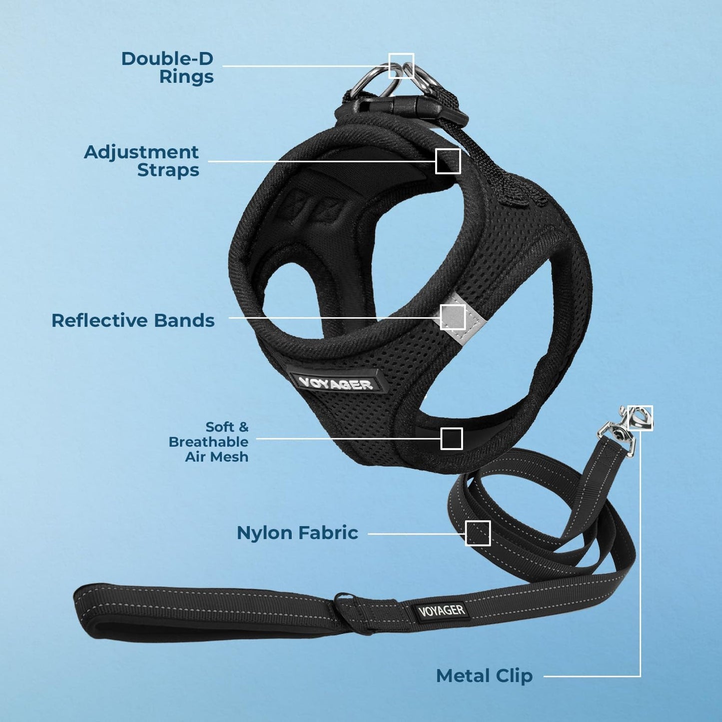 Best Pet Supplies Voyager Step-in Air All Weather Mesh Harness and Reflective Dog 5 ft Leash Combo with Neoprene Handle, for Small, Medium and Large Breed Puppies - Black, L