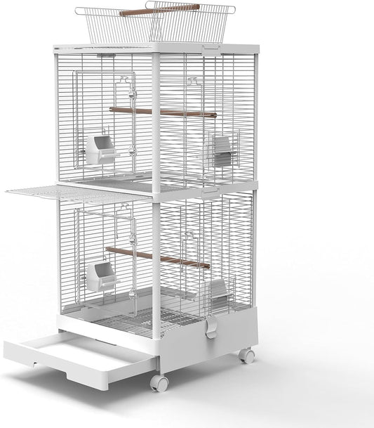 2-in-1 Dividable Double Flight Cage, Tall Bird Cage with Play Top & Clear View Front for Parakeets, Cockatiels, Lovebirds, 2-Level Breeder Cage on Wheels with 0.4" Bar Spacing & Accessories