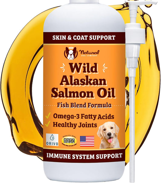 Natural Dog Company Wild Alaskan Salmon Oil Formula with Omega 3, Fish Oil for Dogs Supplement, Skin & Coat Dog Oil, Itchy Relief, Immune Support for Joints & Heart, Food Topper, 16 oz.