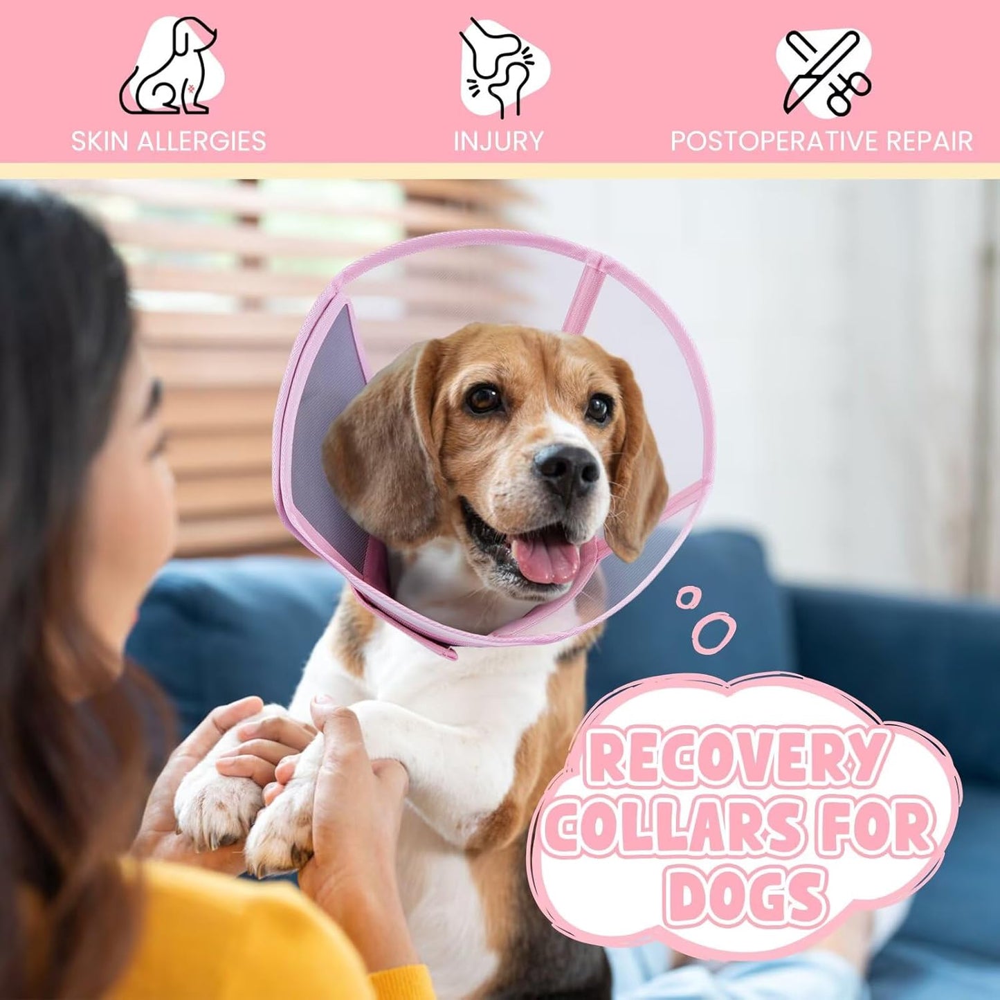 Dog Cone Collar for Dogs After Surgery,Transparent Dogs Cone Stop Licking,Foldable Dog Recovery Collars & Cones Anti-Bite Lick Protective Wound,Protective Elizabethan Collar Alternative,Pink,M