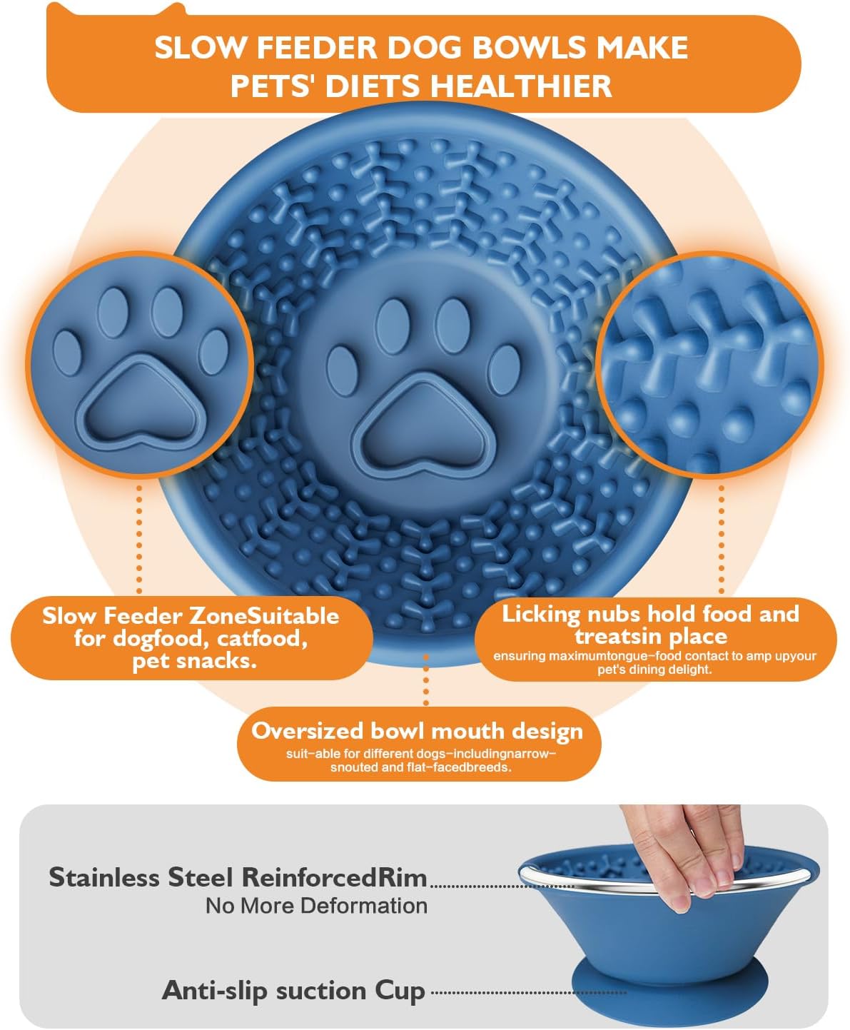 Dog Lick Bowl, Non-Slip Slow Feeder Licking Mat & Treat Dispenser (Wide Bowl Mouth w/Inlaid Stainless Steel Ring) - Interactive Toys, Anxiety Reducer, Freeze Bone for Dogs, BPA Free Silicone (Blue)