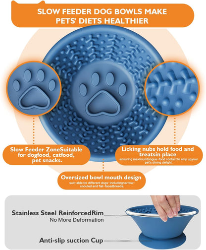 Dog Lick Bowl, Non-Slip Slow Feeder Licking Mat & Treat Dispenser (Wide Bowl Mouth w/Inlaid Stainless Steel Ring) - Interactive Toys, Anxiety Reducer, Freeze Bone for Dogs, BPA Free Silicone (Blue)
