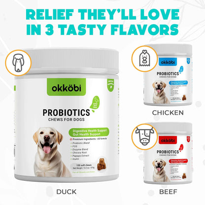 Probiotics for Dogs Chews 150 pcs - Probiotic Chews for Dogs with Enzymes & Natural Ingredients - Digestive & Gut Health Support - US Formula - Duck Flavored