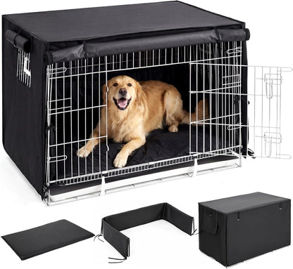 Lounsweer 3 Pcs Dog Crate Cover Set with Kennel Cover, Bed Mat & Bumper Pad, All-Black Pet Kennel Sunshade Accessories Fit for 42 Inch Wire Crates, Light Reducing Puppy Training Crate Privacy