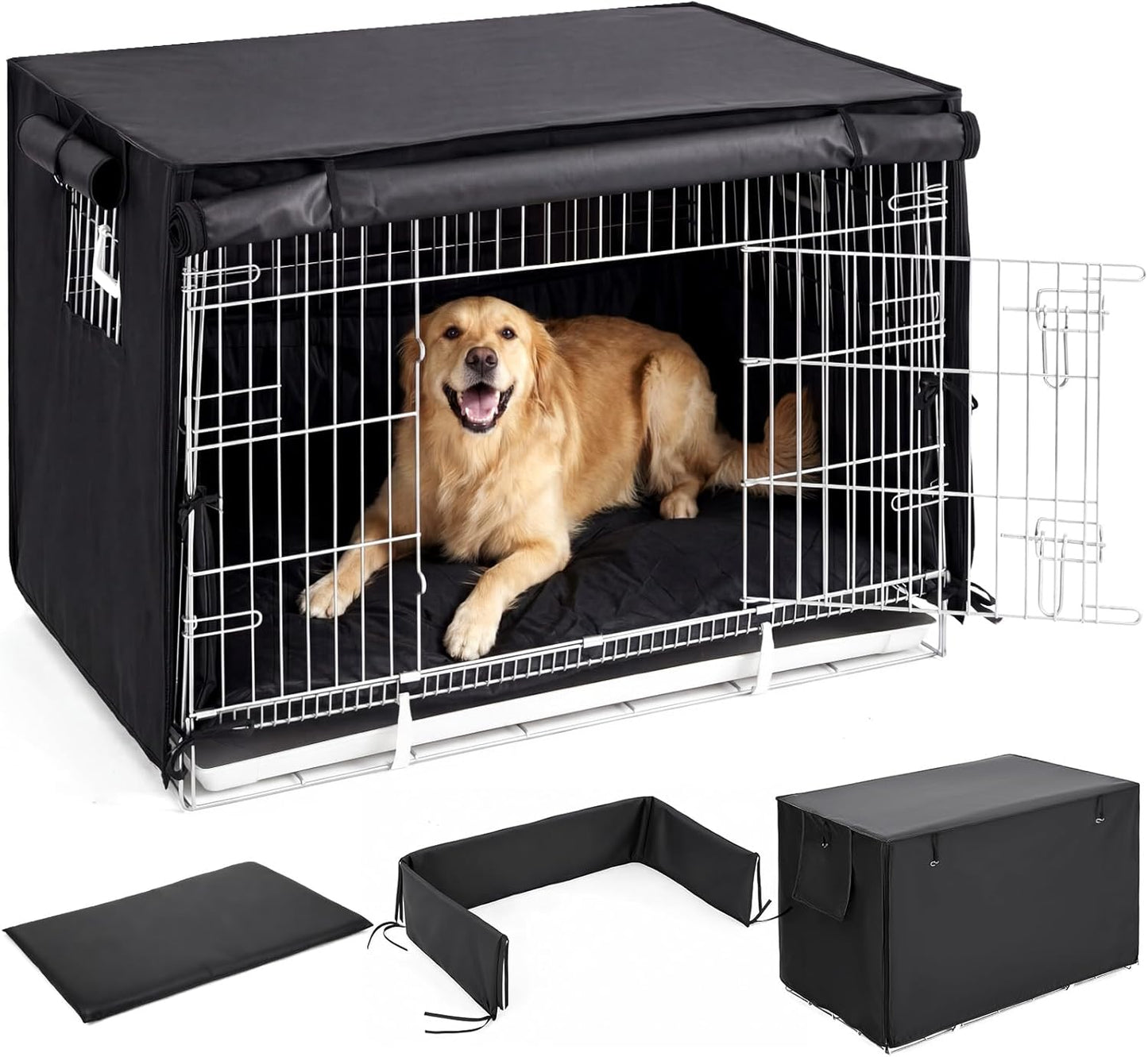 Lounsweer 3 Pcs Dog Crate Cover Set with Kennel Cover, Bed Mat & Bumper Pad, All-Black Pet Kennel Sunshade Accessories Fit for 42 Inch Wire Crates, Light Reducing Puppy Training Crate Privacy