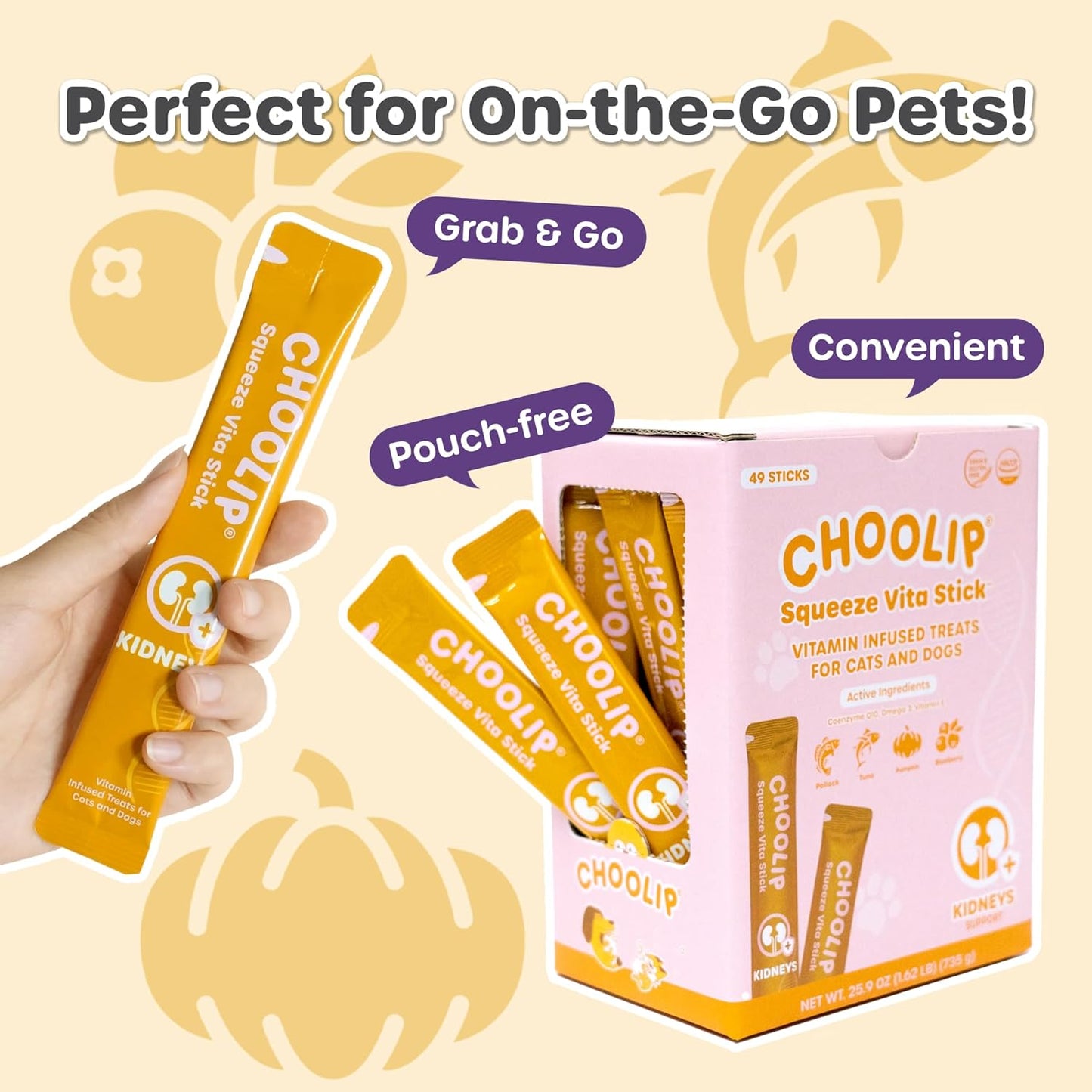 Choolip Bundle | Berry Good Milk 10pk Vitamin-Infused + 49pc Kidney Support Squeeze Vita Sticks with Essential multivitamins [Both Products are for Cats & Dogs of All Life Stages]
