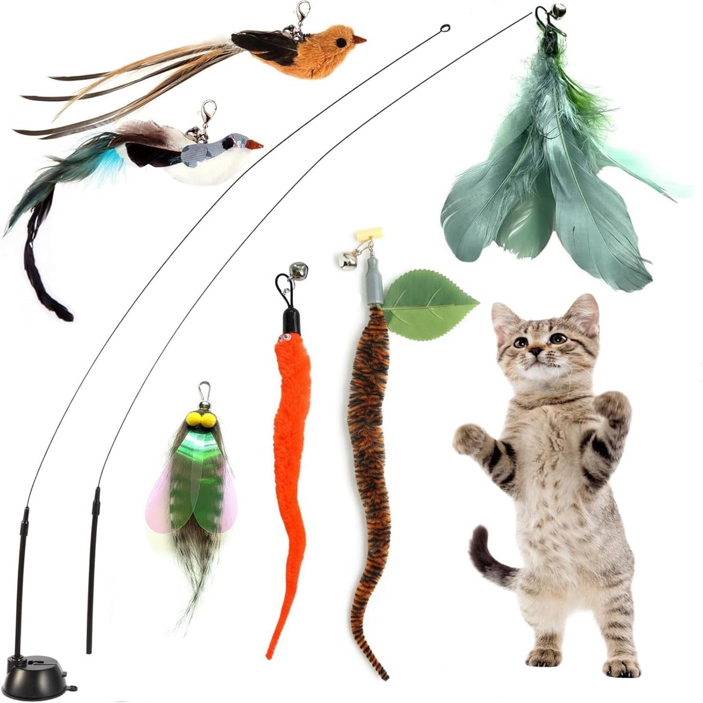 9 Pcs Interactive Cat Feather Toys for Indoor Self Play & Exercise, Cat Wand Toy, 2 Play Modes Kitten Teaser Wand, Reusable Suction Cup Kitten Toys