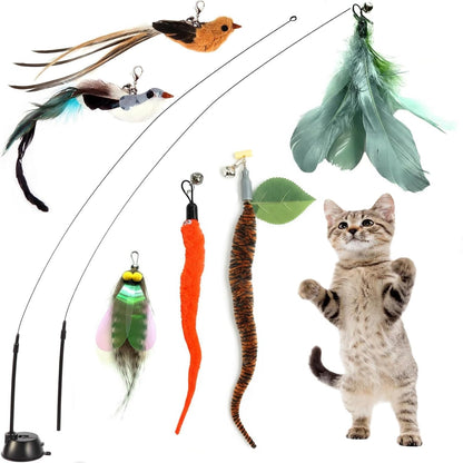 9 Pcs Interactive Cat Feather Toys for Indoor Self Play & Exercise, Cat Wand Toy, 2 Play Modes Kitten Teaser Wand, Reusable Suction Cup Kitten Toys