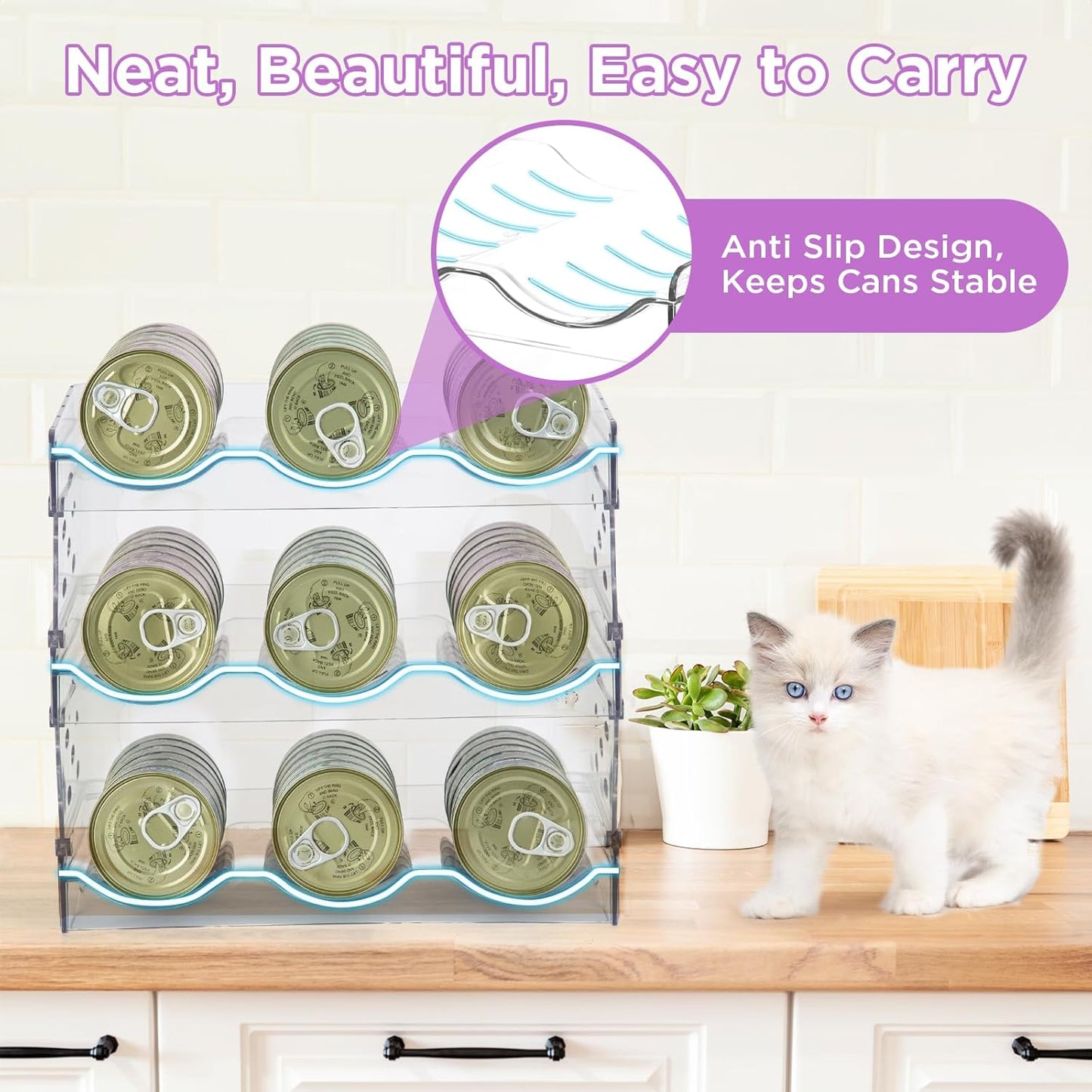 REFLYING Cat Food Can Organizer, Can Organizer for Pantry，Transparent Cat Food Storage Container Holds 54 (3.5oz) Cans, Canned Food Organizer and Storage for Countertop Kitchen Cabinet (3 Layers)