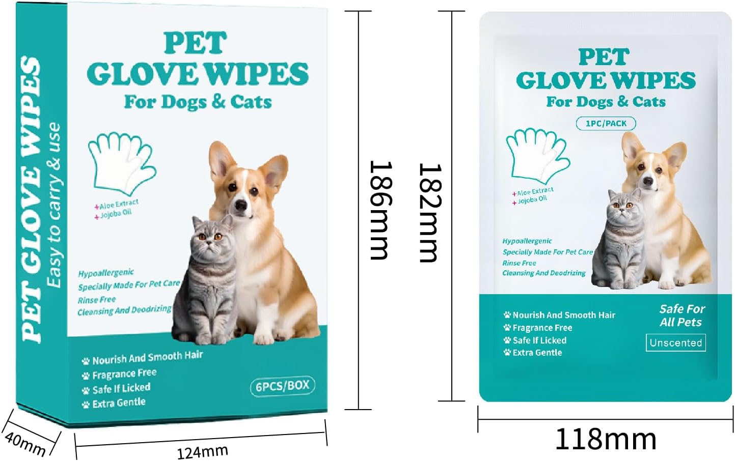 Pet Cleaning Glove Wipes for Dogs & Cats 6 PCS Individual Packed Unscented Dog Wipes Cleaning Deodorizing Gloves Pet Face and Body Disposable Bathing Wet Glove Wipes for Fur Ears Paws Butt