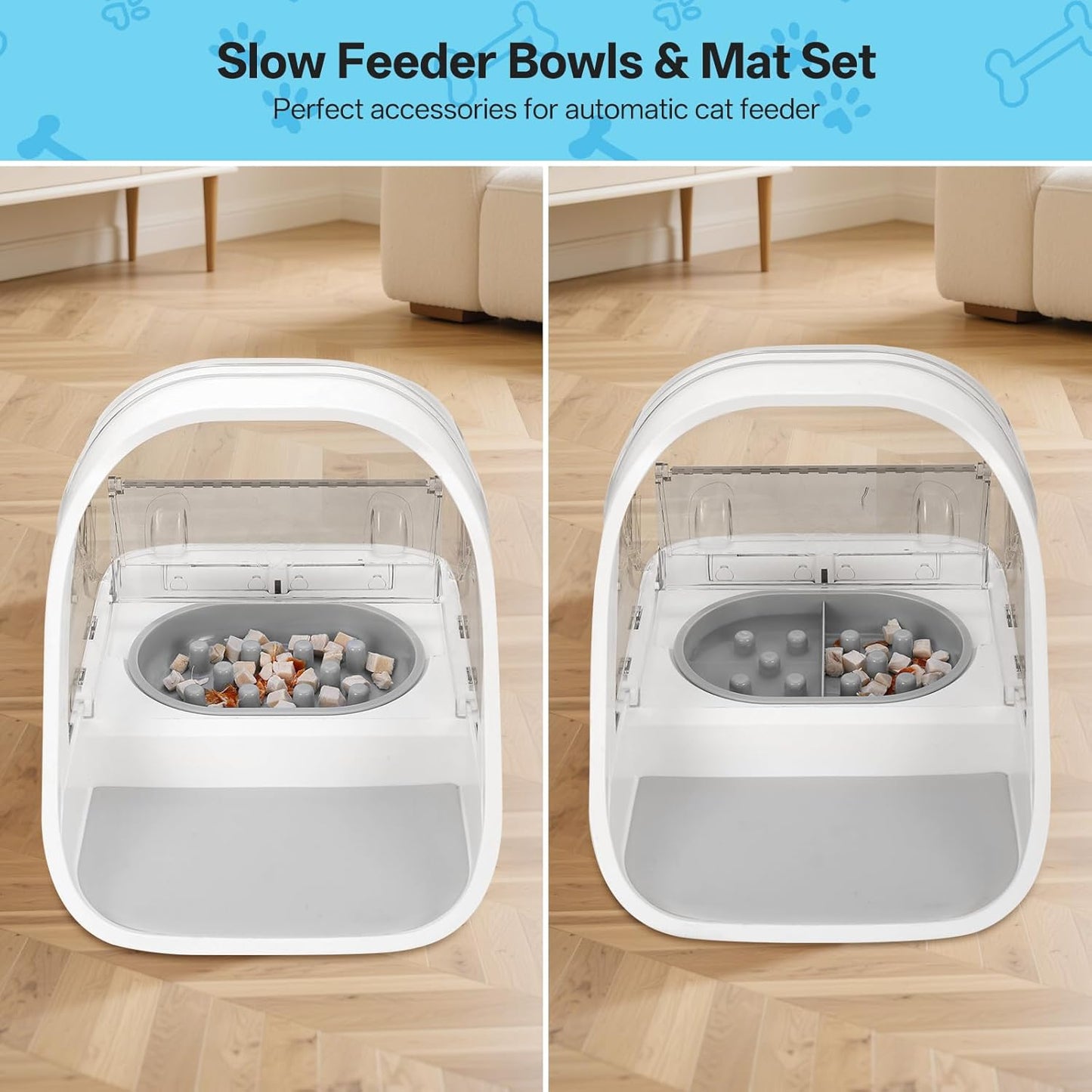 Cat Slow Feeder Bowls and Mat Set for Automatic Pet Care Feeder, YOIHABV 1 Slow Feed Single Bowl, 1 Puzzle Feeding Split Bowl, 1 Mat, Promote Healthy Eating, Non-Slip and BPA-Free, Easy to Clean