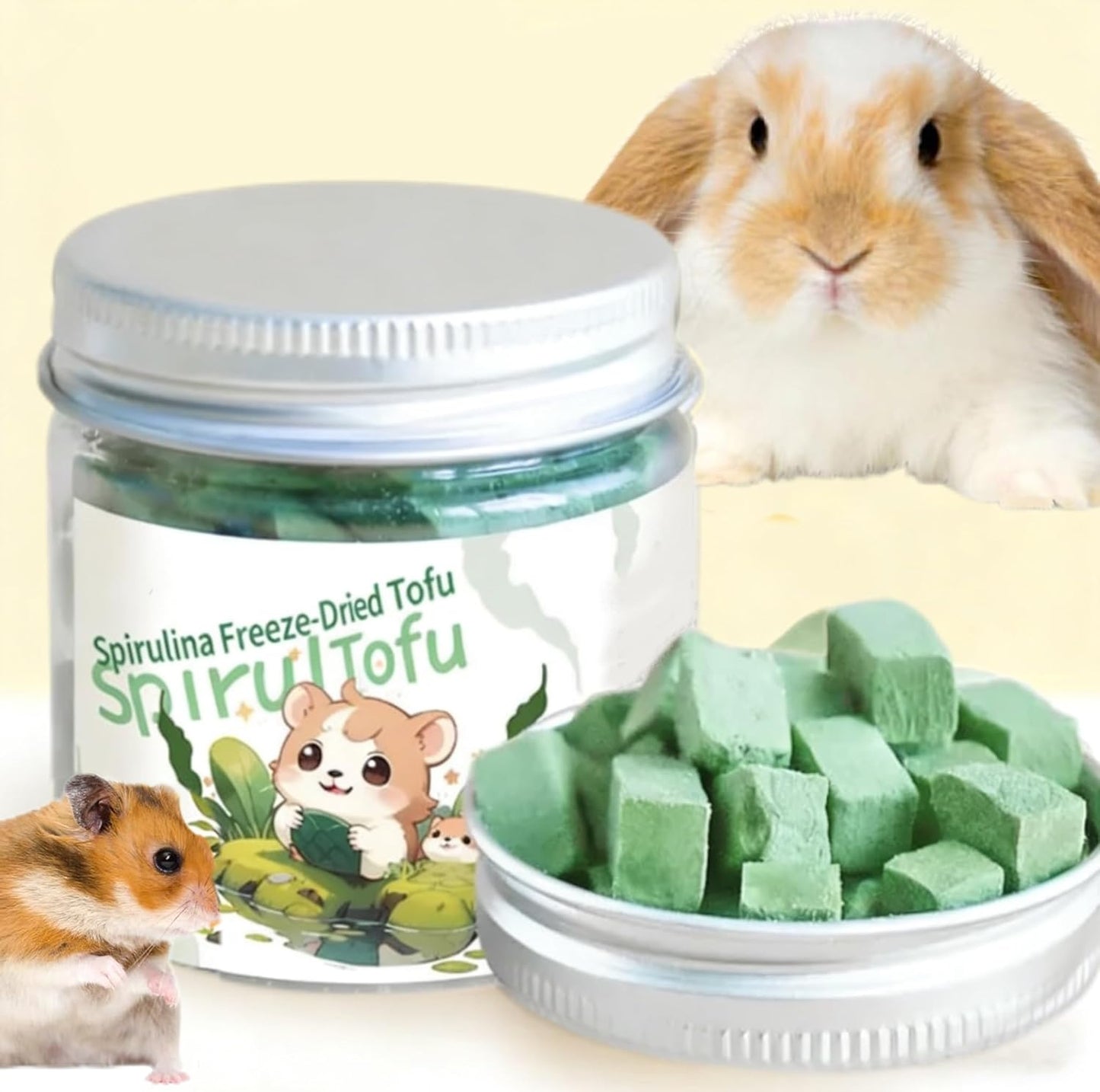 Freeze Dried Tofu for Hamsters High Protein Low Fat & Balanced Minerals Grain Single Ingredient Natural Treats for Rabbits Guinea Pigs & Small Pets (Freeze-Dried Tofu - Spirulina)