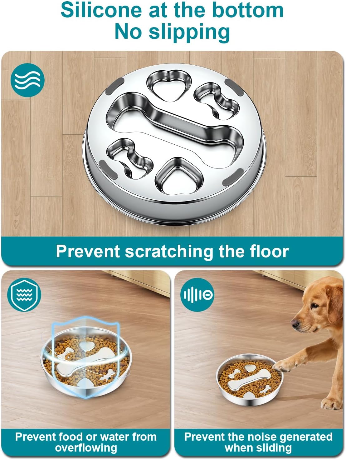 Slow Feeder Dog Bowls，8.2-inch Diameter Dog Slow Feeder Bowl，304 Stainless Steel Heavy Duty with Non-Slip Rubber Base，4Cups Capacity for Medium & Large Dogs to Slow Down Eating