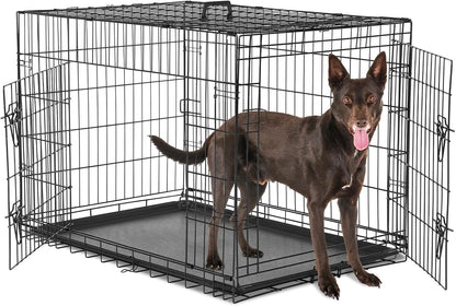 Sweetcrispy Large Dog Crate with Divider Panel, 36 Inch Double Door Folding Metal Wire Dog Cage with Plastic Leak-Proof Pan Tray, Pet Kennel for Indoor, Outdoor, Travel, 36S
