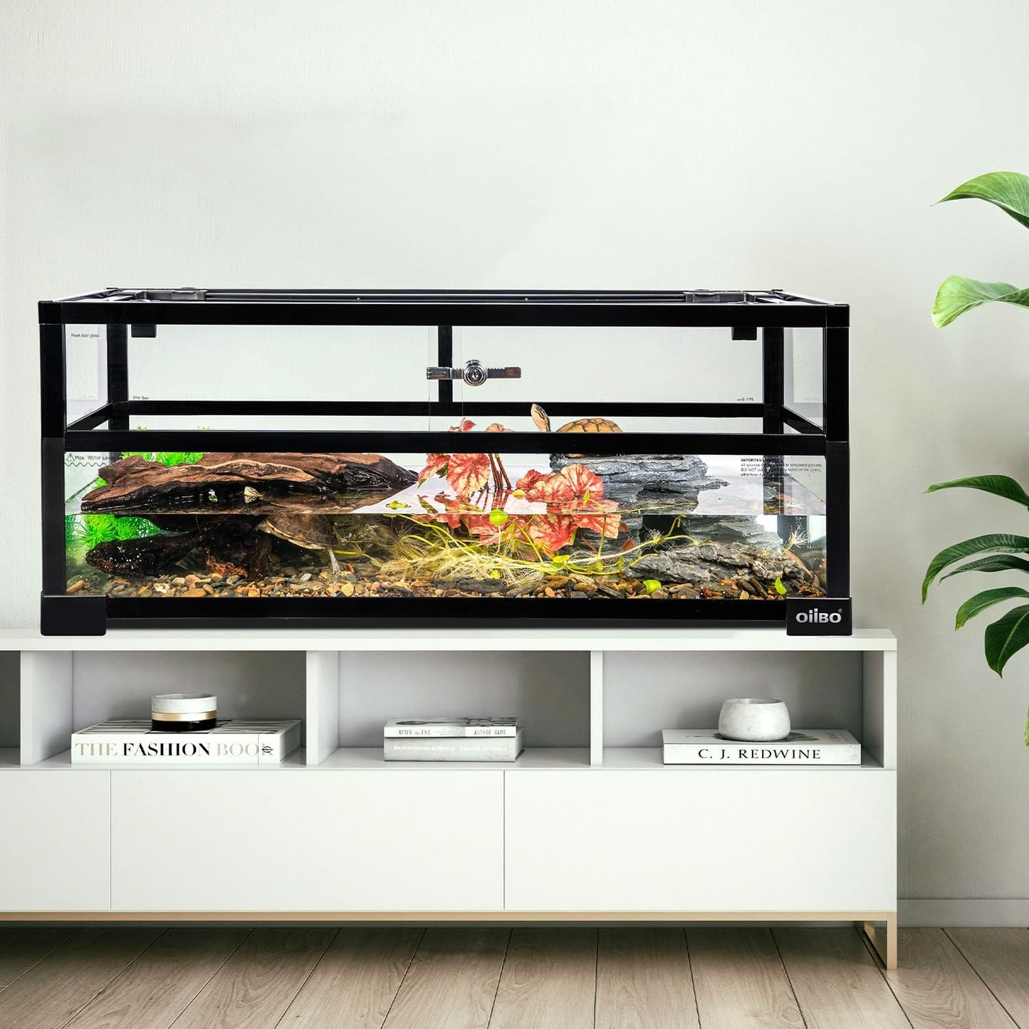 OIIBO 18 Gallon Turtle Tank, 30"×12"×12" Large Aquatic Turtle Tank Aquarium with Drainage System, Deep Leak-Proof Base Easy to Change Water Tortoise Habitat