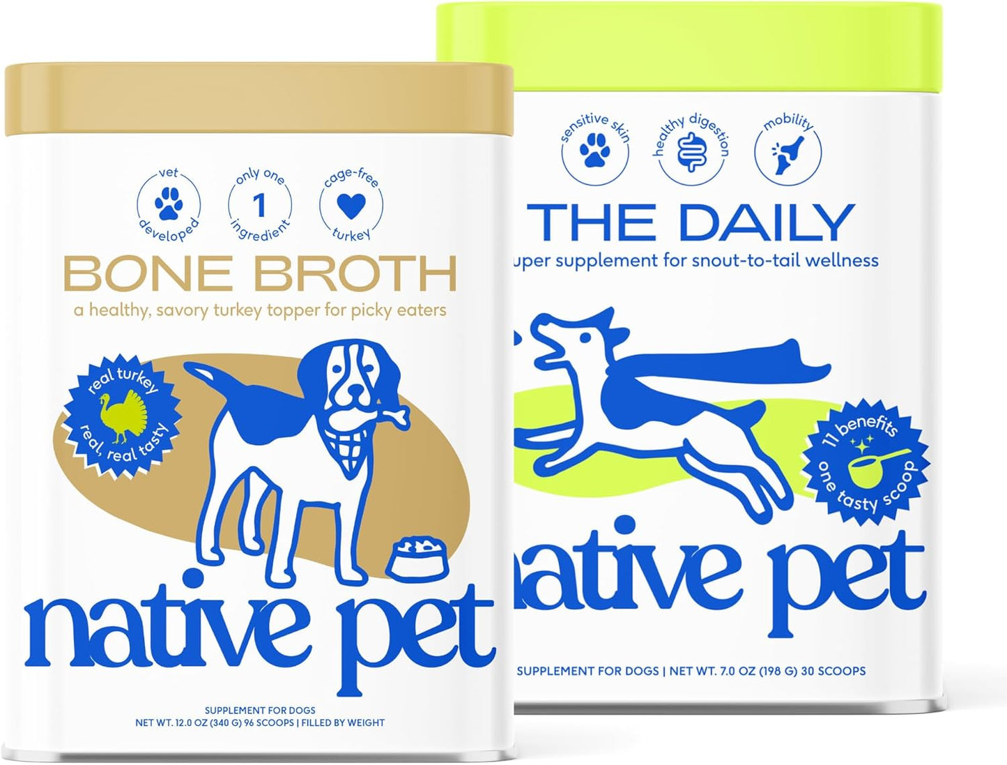 Native Pet Full-Body Wellness Duo: Turkey Bone Broth Powder for Dogs (96 Servings) & Daily Dog Multivitamin (30 Scoops) - Daily 11-in-1 Multivitamin and Pet Gravy Food Topper for Picky Eaters