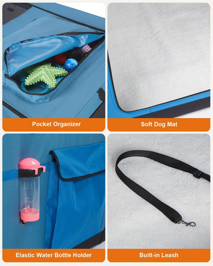 Ownpets 48 inch XXL Collapsible Dog Crate for Large Dogs, Portable Travel Dog Crate, 4-Door Foldable Pet Kennel with Durable Mesh Windows and Soft Mat, Blue