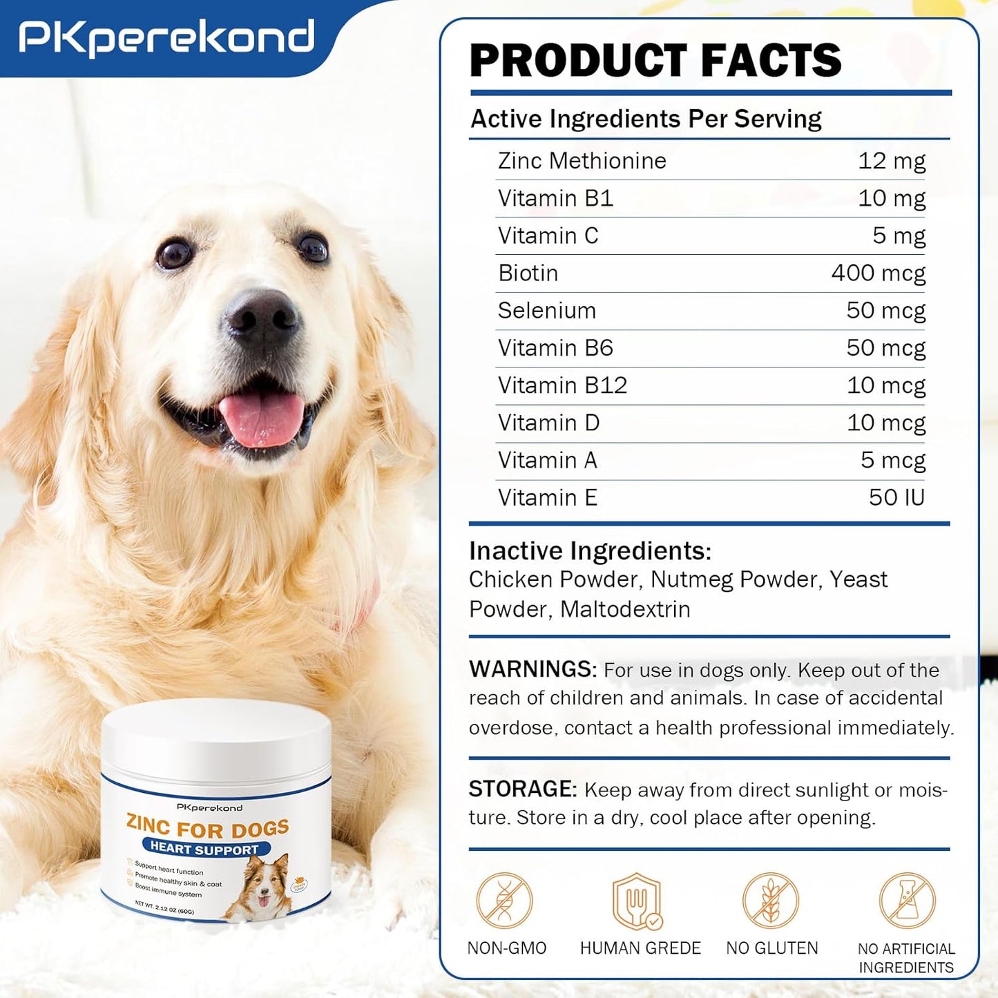 Zinc for Dogs, Heart Support Supplement for Dogs, Promote Heart Function, Healthy Skin and Coat, Strengthen Immune Function, Cellular Growth with Biotin, Selenium and Vitamins