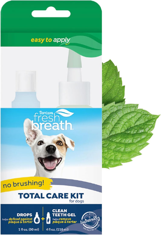 TropiClean Fresh Breath No Brush Total Care Kit | Dog Dental Hygiene| Dog Teeth Cleaning Made Easy | Water Additive No Brushing Toothpaste for Dogs
