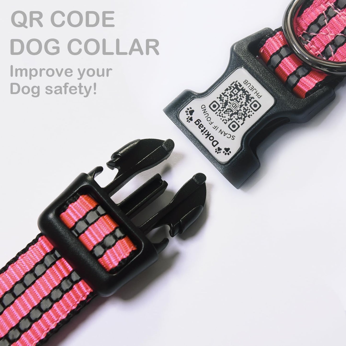 Reflective Dog Collar with Apple AirTag Holder & QR Code Pet ID Tag,Soft Nylon Adjustable Dog Tracker Collar with Safety Lock for Large Dogs(Rose Red, L)