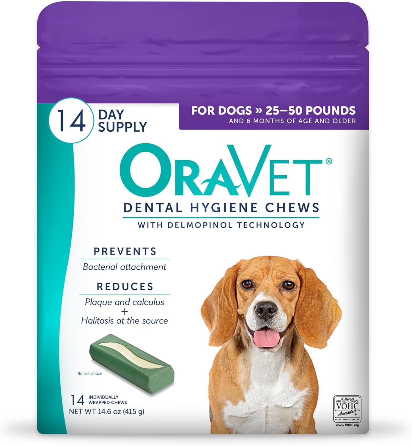 ORAVET Dental Chews for Dogs, Oral Care and Hygiene Chews (Medium Dogs, 25-50 lbs.) Purple Pouch, 14 Count