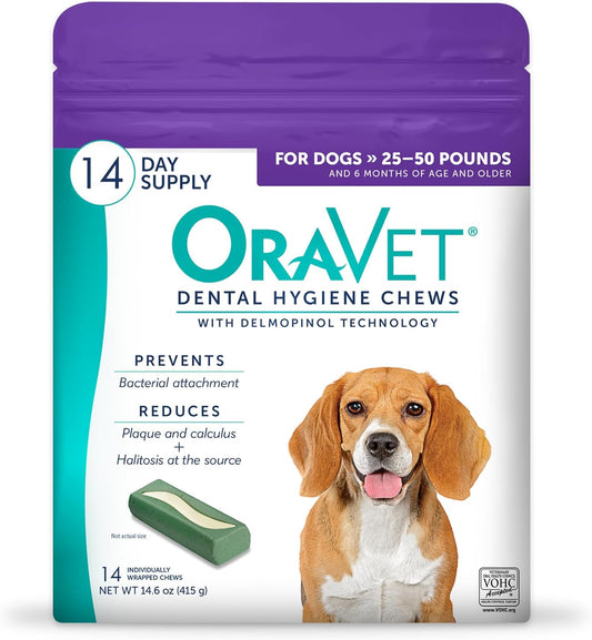 ORAVET Dental Chews for Dogs, Oral Care and Hygiene Chews (Medium Dogs, 25-50 lbs.) Purple Pouch, 14 Count