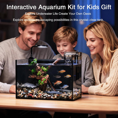 Nano Nature Aquarium Kit,Clear Glass Desktop Fish Tank with with Waterfall Filter and Light for Beginners and Children to Keep Betta Fish, Goldfish, Shrimp, and Aquatic Plants (Black, 2.8 Gallon)