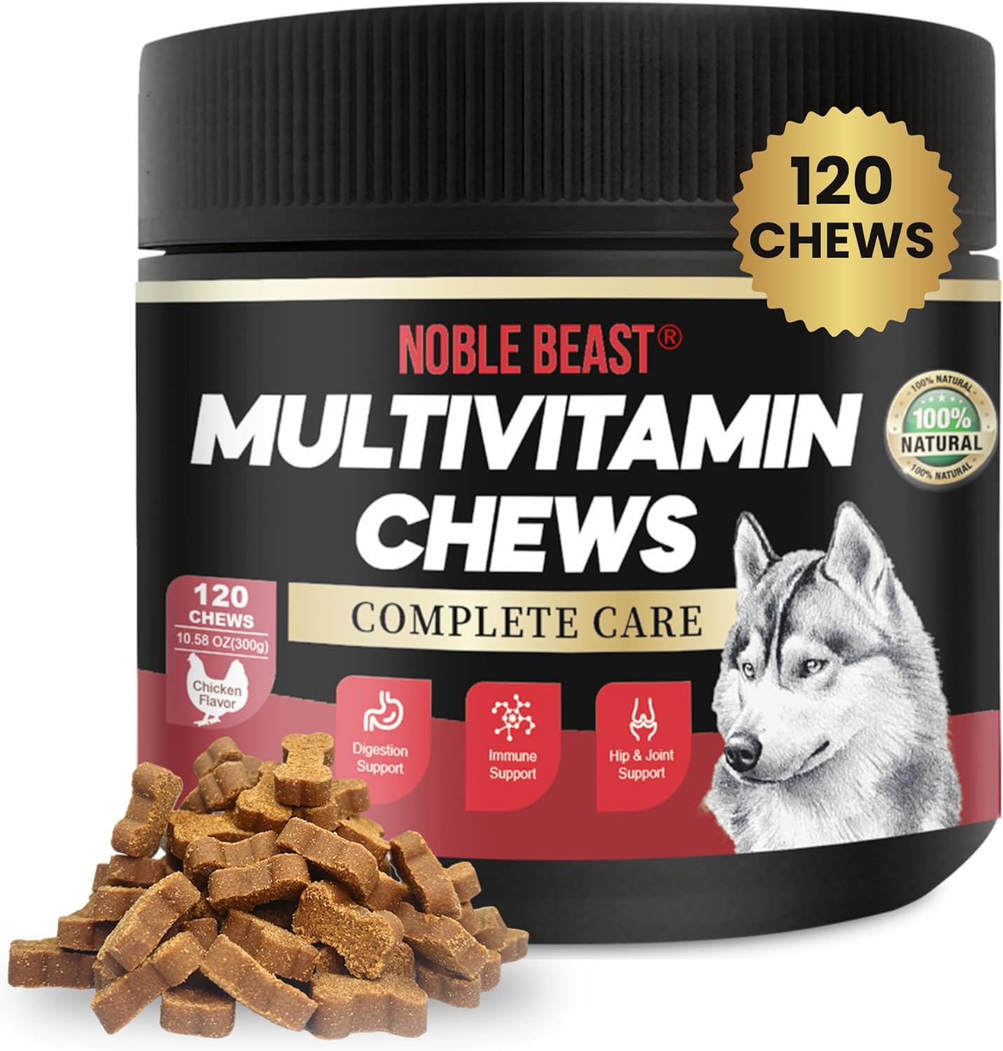 Noble Beast Dog Multivitamin Supplements, Soft Chews with Probiotics, Glucosamine Chondroitin Joint Support, Digestive Enzymes, Immune Support Vitamins for Skin & Coat, Chicken Flavor - 120 Count