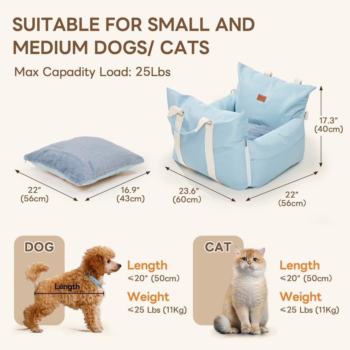 PETTENA Dog Car Seat for Small/Medium Dogs, Detachable Washable Soft Portable Dog Booster Seat, Dog Car Bed with Storage Pockets, Waterproof Puppy Booster Car seat for Small Pets Up to 25lbs, Blue