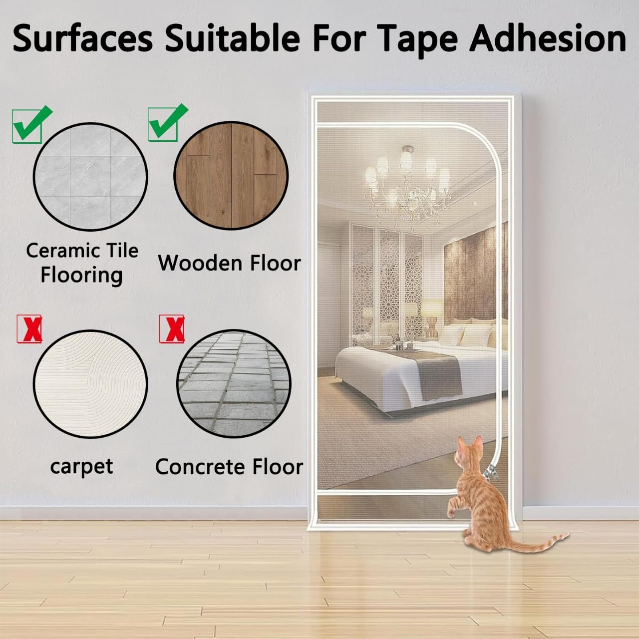 QWR Reinforced Cat Screen Door,Fits Door Opening Size 32''x 80'',Thickened Cat Proof Screen Door with Zipper Closure for Living Room,Kitchen,Bedroom.