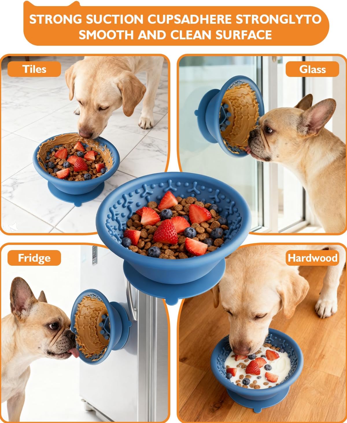 Dog Lick Bowl, Non-Slip Slow Feeder Licking Mat & Treat Dispenser (Wide Bowl Mouth w/Inlaid Stainless Steel Ring) - Interactive Toys, Anxiety Reducer, Freeze Bone for Dogs, BPA Free Silicone (Blue)