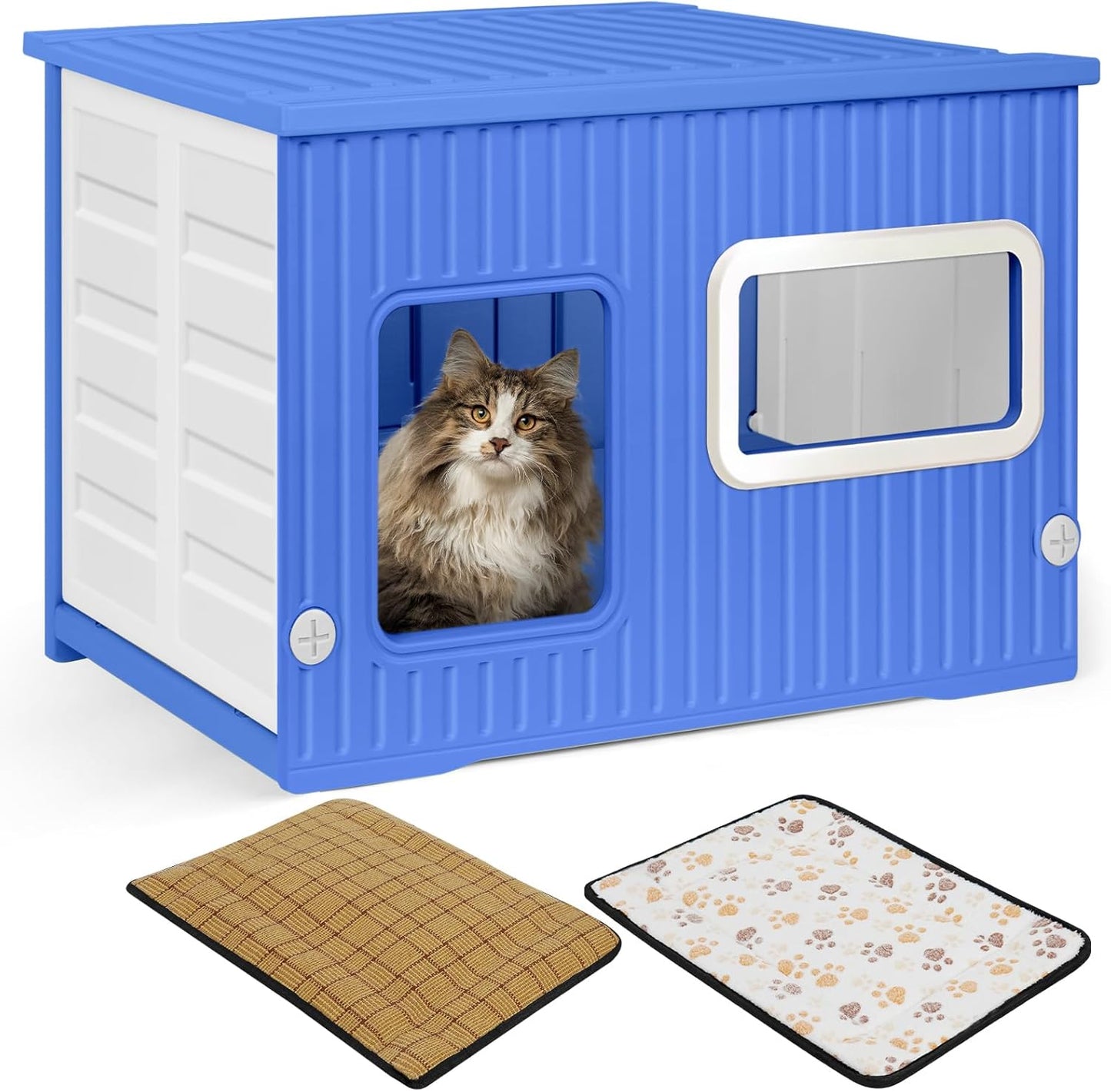 Cat House for Outdoor Indoor Use, Stackable Feral Cat Shelter Indoor Cat House Weatherproof Waterproof Elevated, with 2-Sided Cushion (Blue White)