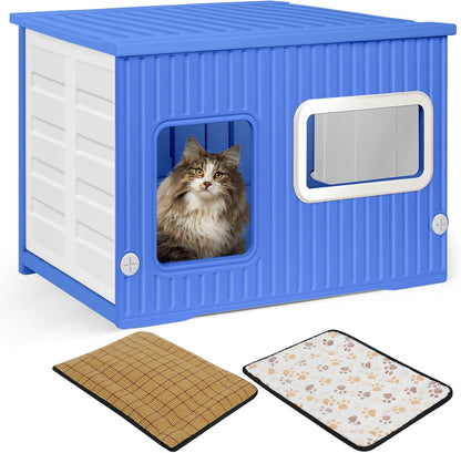Cat House for Outdoor Indoor Use, Stackable Feral Cat Shelter Indoor Cat House Weatherproof Waterproof Elevated, with 2-Sided Cushion (Blue White)