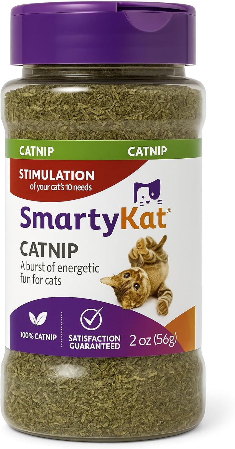SmartyKat Natural Catnip Canister, 100% Natural Cat nip for Cats, Premium Dried Catnip for Indoor Cats, Positive Training Aid for Play and Exercise, Resealable Shaker Bottle, 2 Ounces