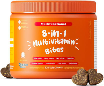Multivitamin Treats for Dogs, Glucosamine Chondroitin Joint Support + Digestive Enzymes & Probiotics, Grain Free Dog Vitamins and Supplements for Skin & Coat, Peanut Butter - 120ct