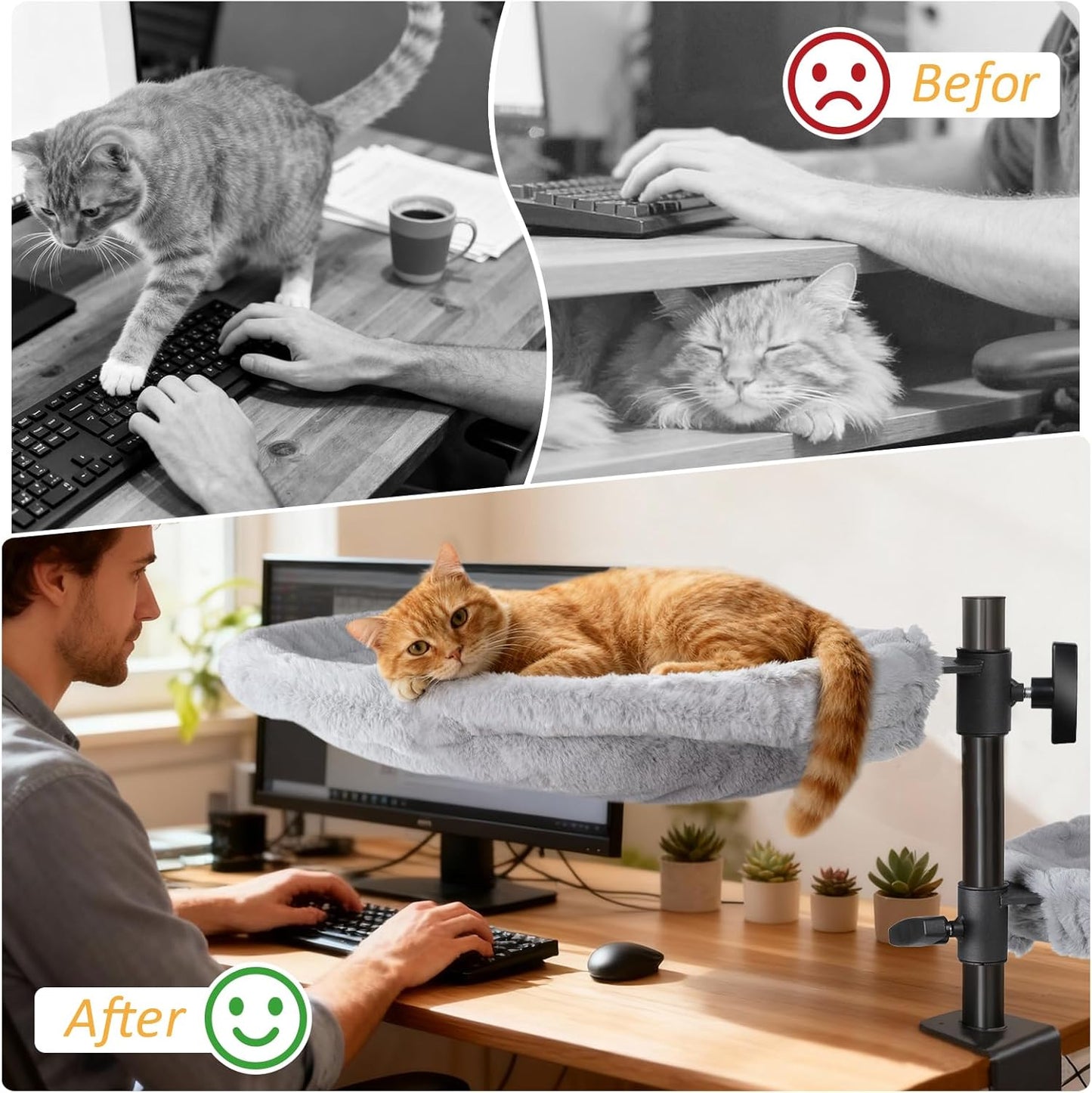 Topmart Double-Deck Cat Desk Bed with 360° Rotating & Adjustable Height, Cat Hammock for Desk with 4 Washable Pads, Kittens Bed for Desk Attachment for Home Office,Up to 45LBS, Grey & Black