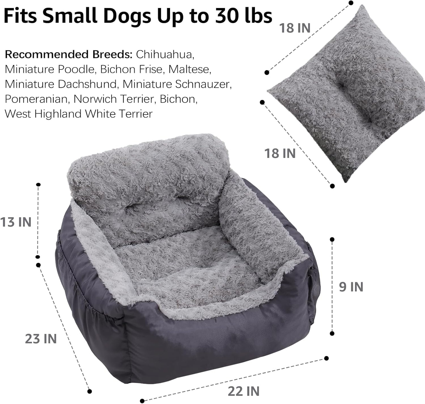 Dog Car Seat for Small Dogs,Washable Pet Booster Car Seats with Clip-On Safty Leash, Comfy Deluxe Plush Carseat with Storage Pockets, Puppy Car Travel Carrier Bed for Dogs Under 25 lbs, Grey