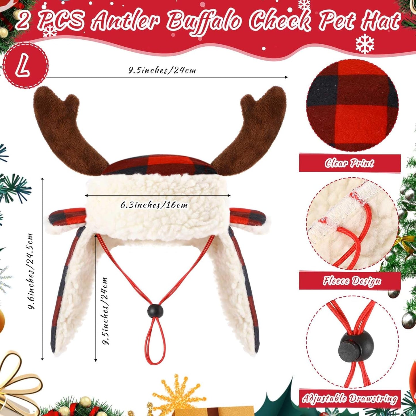 2 Pcs Christmas Antler Check Dog Santa Hat Adjustable Pet Red Plaid Pet Cap Xmas Antler Dog Hats for Small Medium Large Dogs(L)
