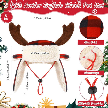 2 Pcs Christmas Antler Check Dog Santa Hat Adjustable Pet Red Plaid Pet Cap Xmas Antler Dog Hats for Small Medium Large Dogs(L)