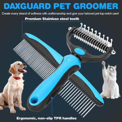 2-in-1 Pet Grooming Kit-Double-Sided Dematting Comb & Flea Comb for Detangling Matted Fur on Dogs/Cats/Rabbits-Effective Cat Brush & Dog Brush for Shedding（Blue