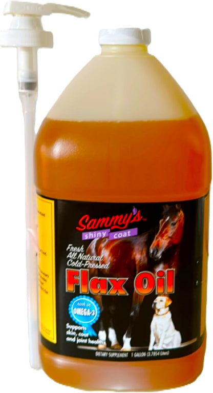 Sammy's Shiny Coat Flax Oil for Horses, Pure Flaxseed Oil for Horse, Rich in Omega-3 Fatty Acids, Flax Oil Horse Supplement for Skin and Coat, Immune, Cardio and Joint Support, 1 Gallon with Free Pump