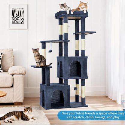 GarveeLife 61" Multi-Level Cat Tree for Indoor Cats, Heavy-Duty Tower for Large Adult & Maine Coon Cats with Oversized Perch, Dual Condos, Natural Sisal Scratching Posts & Play Toys – Blue
