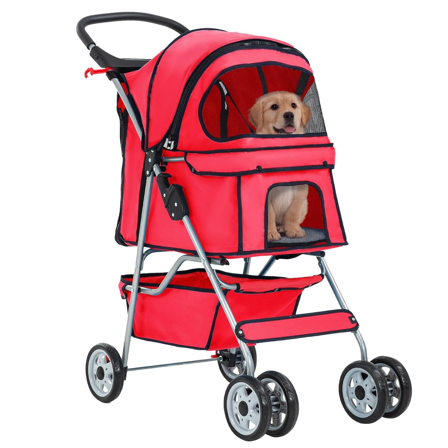 FDW Pet Stroller 4-Wheel Dog Cat Stroller Travel Folding Carrier Puppy Stroller with Cup Holder and Removable Liner for Small Medium Dogs Cats, Red