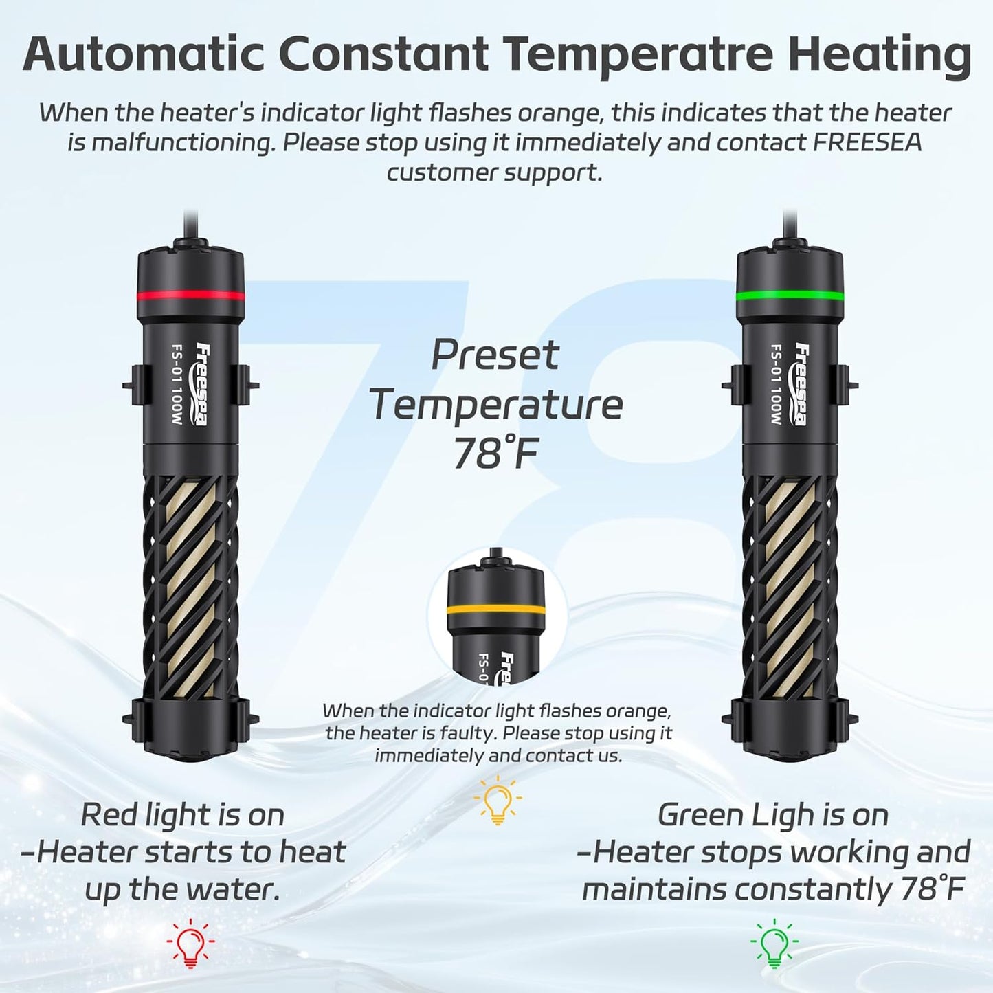 FREESEA Aquarium Heater for Fish Tank: 100W Small Submersible Thermostat with Off-Water Protection & UL Certified Cord for 10-20 Gallon Fish Turtle Tanks Enthusiasts