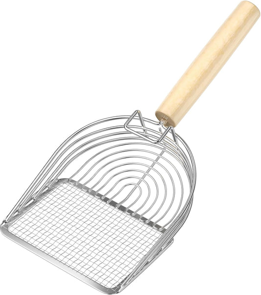Ownpets Iron Metal Cat Litter Scoop, Heavy Duty Kitty Litter Scooper & Speed Sifter to Catch Small & Large Clumps, with Eucalyptus Wood Handle, Non-Stick Deep Shovel for Effective cleanup