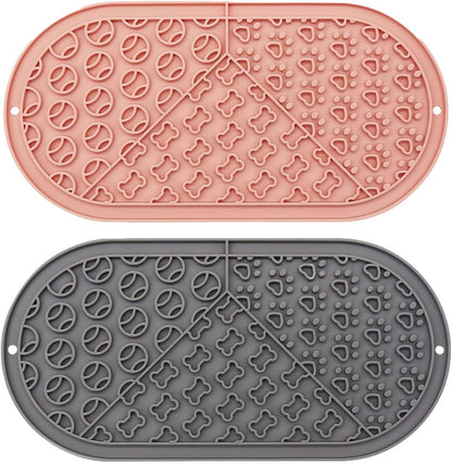 Oval Pet Licking Mat with Suction Cups for Dogs and Cats, Food-Grade Silicone Slow Feeding Puzzle Toy, Non-Slip Dog Treat Mat for Anxiety & Boredom Relief (Pink+Gray)